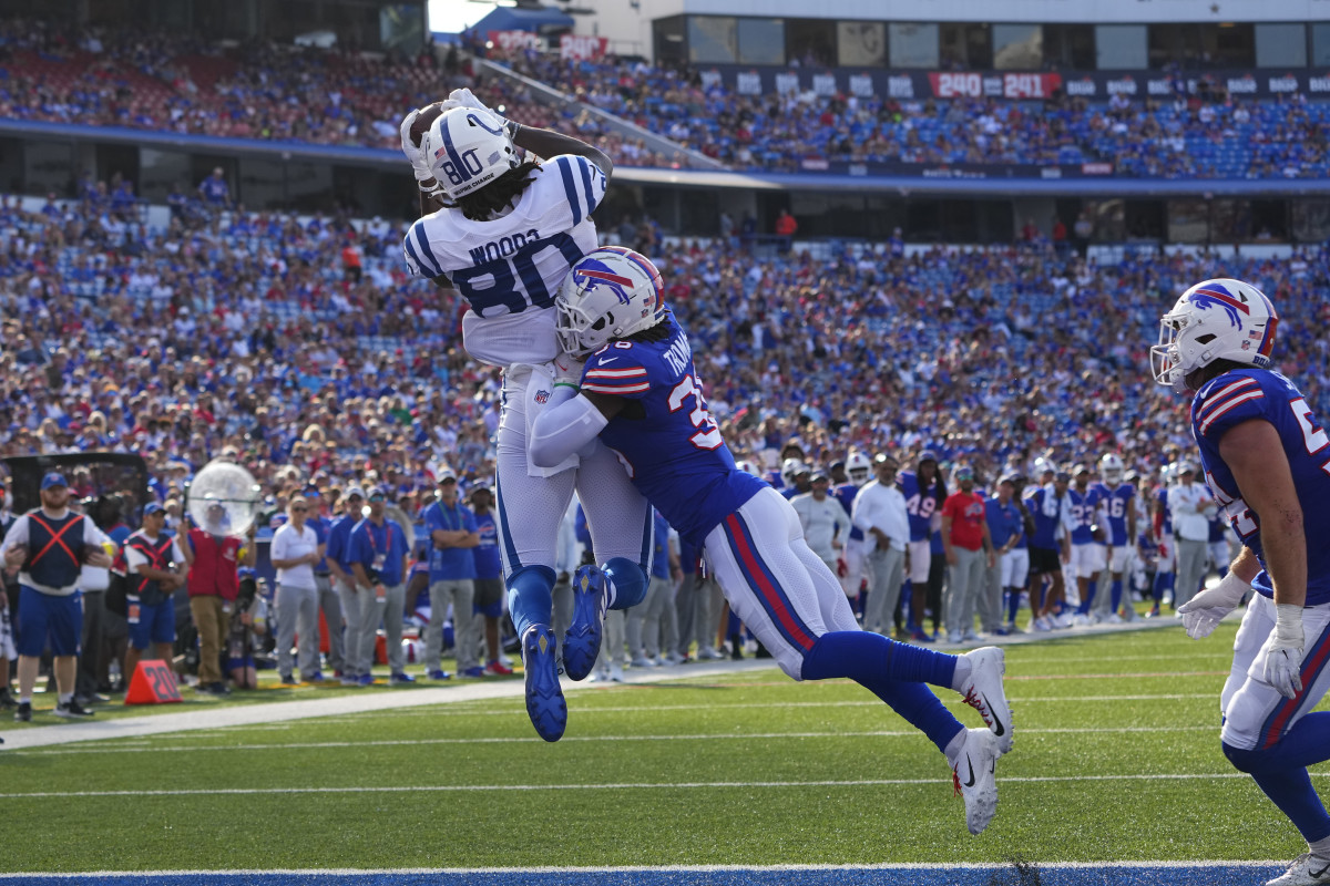 Aug 13, 2022; Orchard Park, New York, USA; Indianapolis Colts tight end Jelani Woods (80) catches a pass for a touchdown with Buffalo Bills safety Josh Thomas (36) defending during the second half at Highmark Stadium. Mandatory Credit: Gregory Fisher-USA TODAY Sports